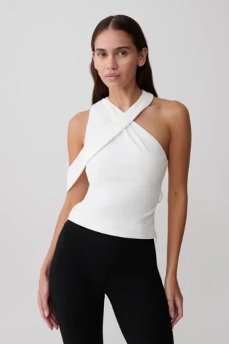 Top halter cruzado de crepé Sable – Blanco