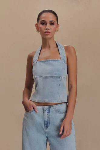 Top halter de Denim Dayna – Azul claro