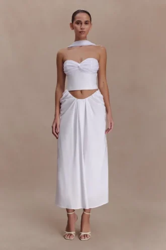 Falda midi drapeada de lino Talia – Blanca