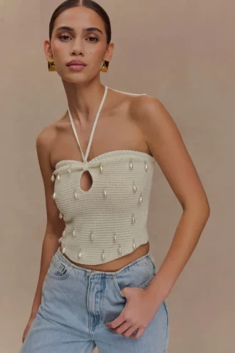 Top halter de punto con perlas Aletta – Marfil