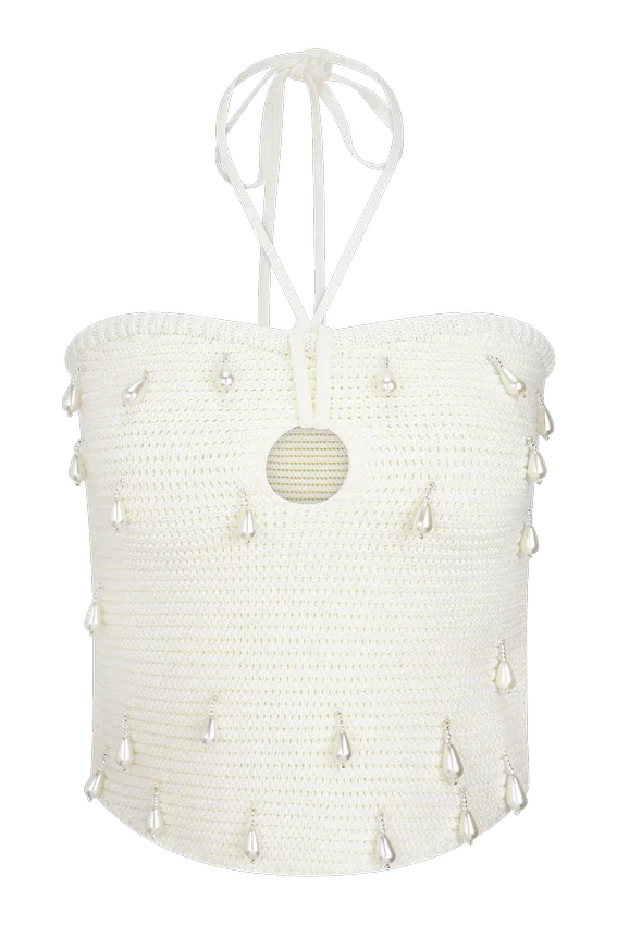 Top halter de punto con perlas Aletta – Marfil Top halter de punto con perlas Aletta – Marfil