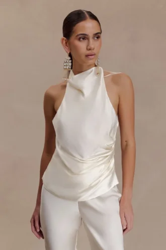 Top halter de satén Bianca – Marfil