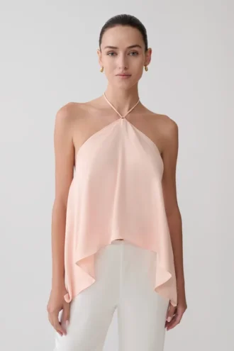 Top halter drapeado de satén Adelaide – Melocotón