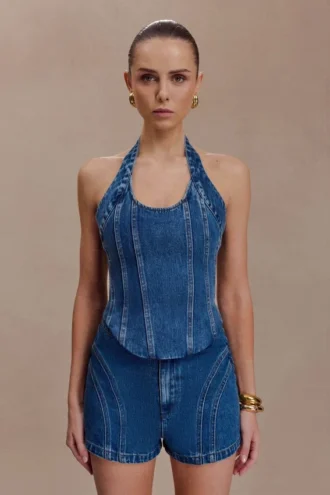 Top halter tipo corsé de Meadow Denim – Azul oscuro