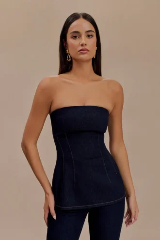 Top largo de Denim sin tirantes Madelyn – Azul índigo Top largo de Denim sin tirantes Madelyn – Azul índigo