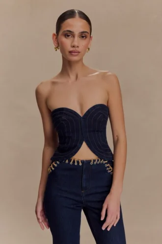 Top sin tirantes con pespuntes de Tully en Denim – Azul índigo