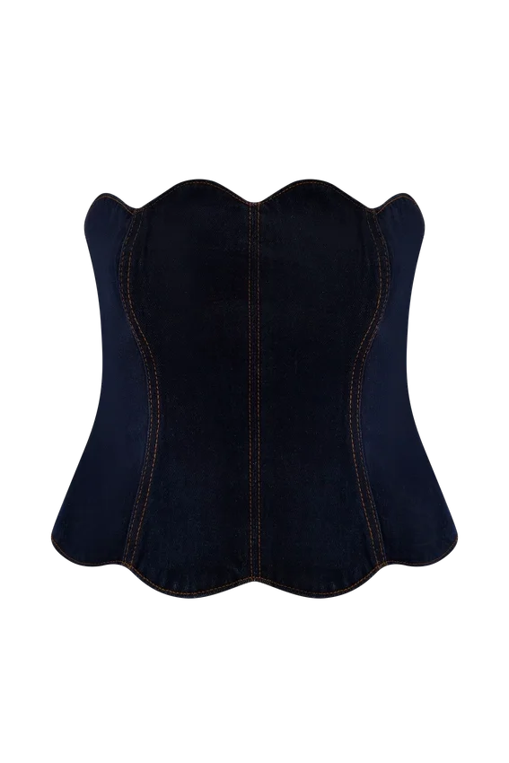 Top vaquero sin tirantes con festones de Oakley – Azul índigo Top vaquero sin tirantes con festones de Oakley – Azul índigo