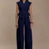 Top de Denim estructurado con lazo Charley – Azul índigo
