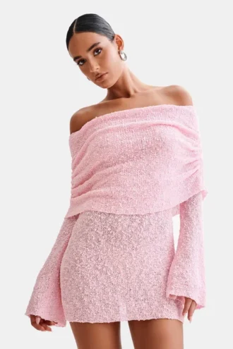 Vestido de bouclé con hombros descubiertos Marisol – Rosa bebé