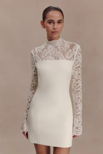 Vestido de encaje de manga larga Aurelie – Marfil