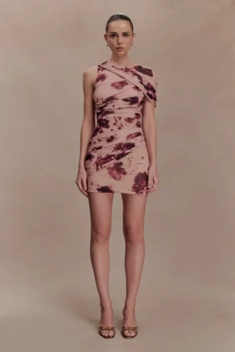 Vestido de malla de un solo hombro Adrienne – Estampado floral difuminado en color nude