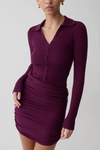 Vestido de punto con botones y manga larga Agness – Ciruela