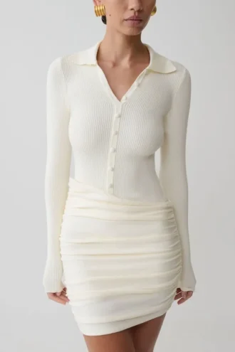 Vestido de punto con botones y manga larga Agness – Marfil