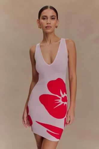 Vestido de punto con estampado Dorothy – Estampado Deco Fleur en rojo