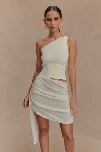 Vestido de punto con falda drapeada Cali – Marfil