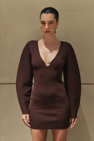 Vestido de punto con mangas abullonadas Billy – Chocolate oscuro