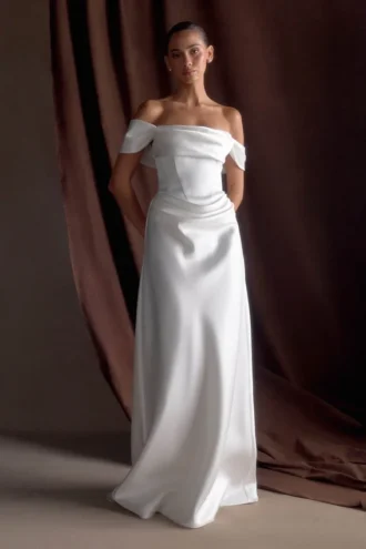Vestido de satén con hombros descubiertos Luna – Blanco
