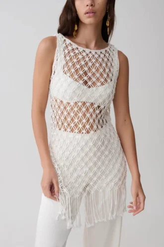 Vestido Devlin con borlas de macramé – Marfil