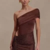 Vestido elástico con estampado de cachemira y pedrería – Chocolate Vestido elástico con estampado de cachemira y pedrería – Chocolate