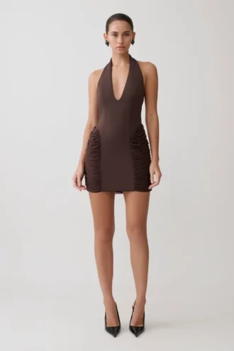 Vestido fruncido de neopreno Anari – Chocolate oscuro
