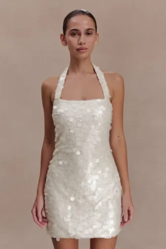 Vestido halter con lentejuelas Caralee – Marfil