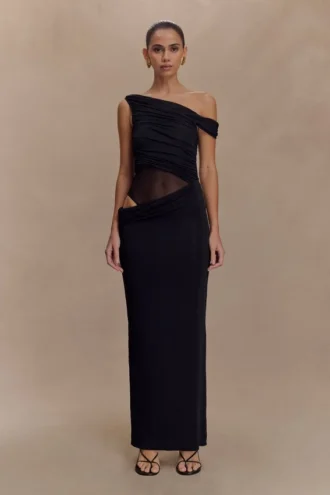 Vestido largo ajustado Callen de un solo hombro – Negro