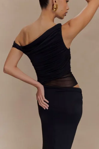 Vestido largo ajustado Callen de un solo hombro – Negro