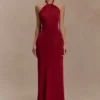 Vestido largo ajustado con cuello halter Elyna – Rojo intenso Vestido largo ajustado con cuello halter Elyna – Rojo intenso