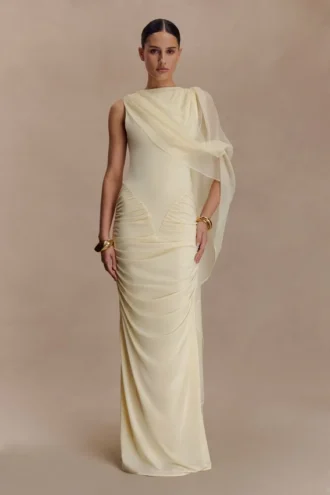Vestido largo ajustado con fruncidos Amandine – Limón