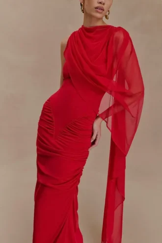 Vestido largo ajustado con fruncidos Amandine – Rubí