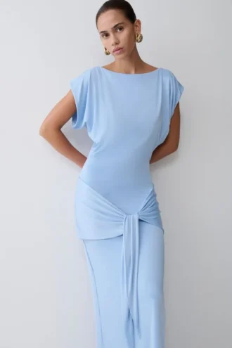 Vestido largo ajustado con lazo y manga corta Maiara – Azul marino