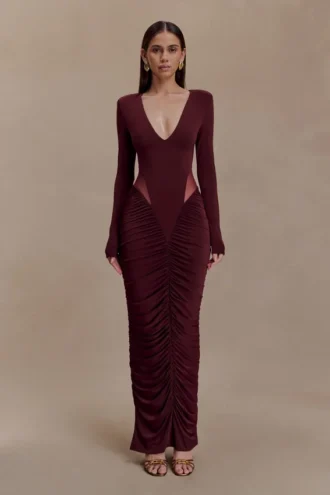 Vestido largo ajustado de manga larga Louanne – Burdeos
