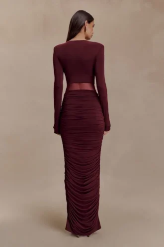 Vestido largo ajustado de manga larga Louanne – Burdeos
