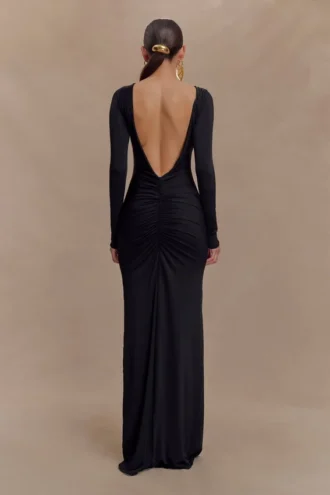Vestido largo ajustado de manga larga Louisa – Negro