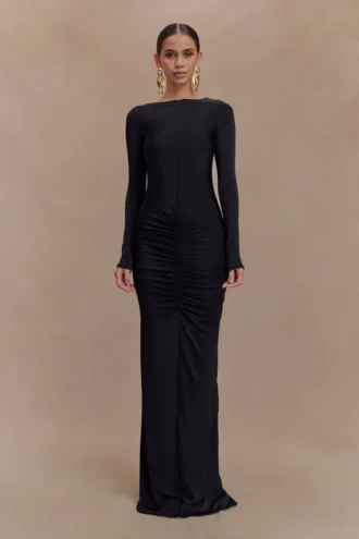 Vestido largo ajustado de manga larga Louisa – Negro