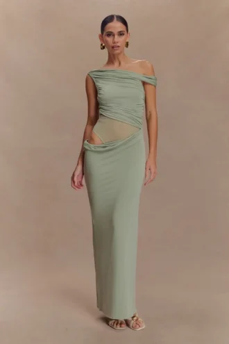 Vestido largo ajustado de un solo hombro Callen – Salvia