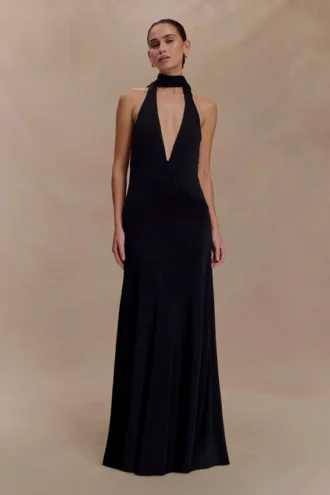 Vestido largo ajustado Juliet con pañuelo – Negro