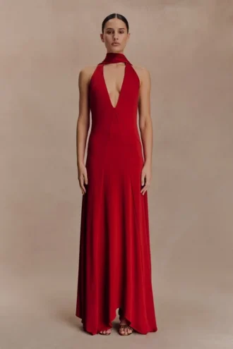 Vestido largo ajustado Juliet con pañuelo – Rubí