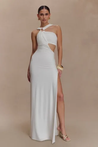 Vestido largo ajustado Lottie con abertura – Blanco
