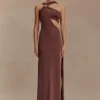 Vestido largo ajustado Lottie con abertura – Chocolate Vestido largo ajustado Lottie con abertura – Chocolate