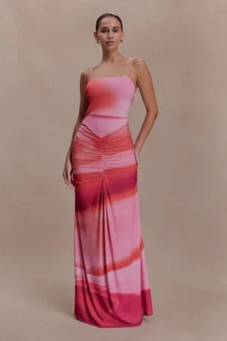 Vestido largo ajustado Roisin – Estampado Pink Sunset