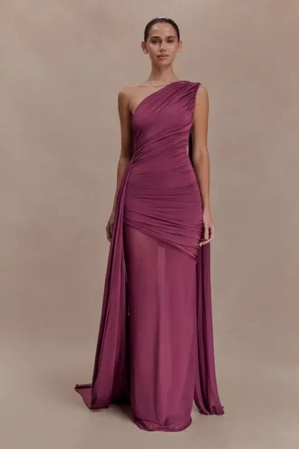 Vestido largo Asher Slinky de un solo hombro – Ciruela neutro
