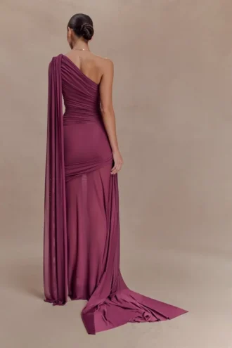 Vestido largo Asher Slinky de un solo hombro – Ciruela neutro