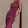 Vestido largo Asher Slinky de un solo hombro – Ciruela neutro