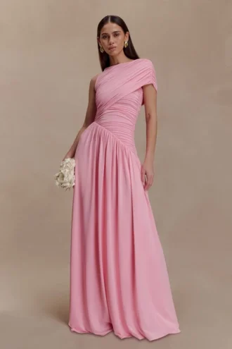 Vestido largo asimétrico Ayeshya – Rosa caramelo