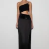Vestido largo asimétrico con diamantes Athena – Negro