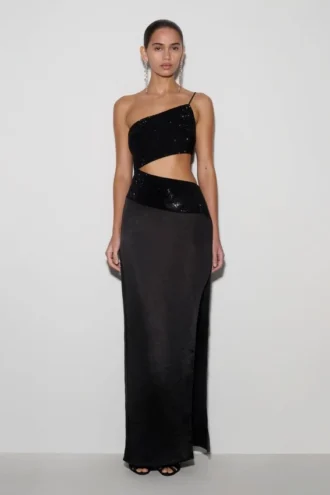 Vestido largo asimétrico con diamantes Athena – Negro