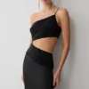 Vestido largo asimétrico con diamantes Athena – Negro