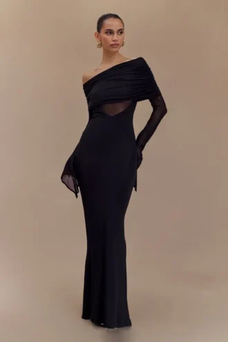 Vestido largo asimétrico de jersey y malla Kaitlin – Negro