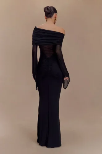 Vestido largo asimétrico de jersey y malla Kaitlin – Negro